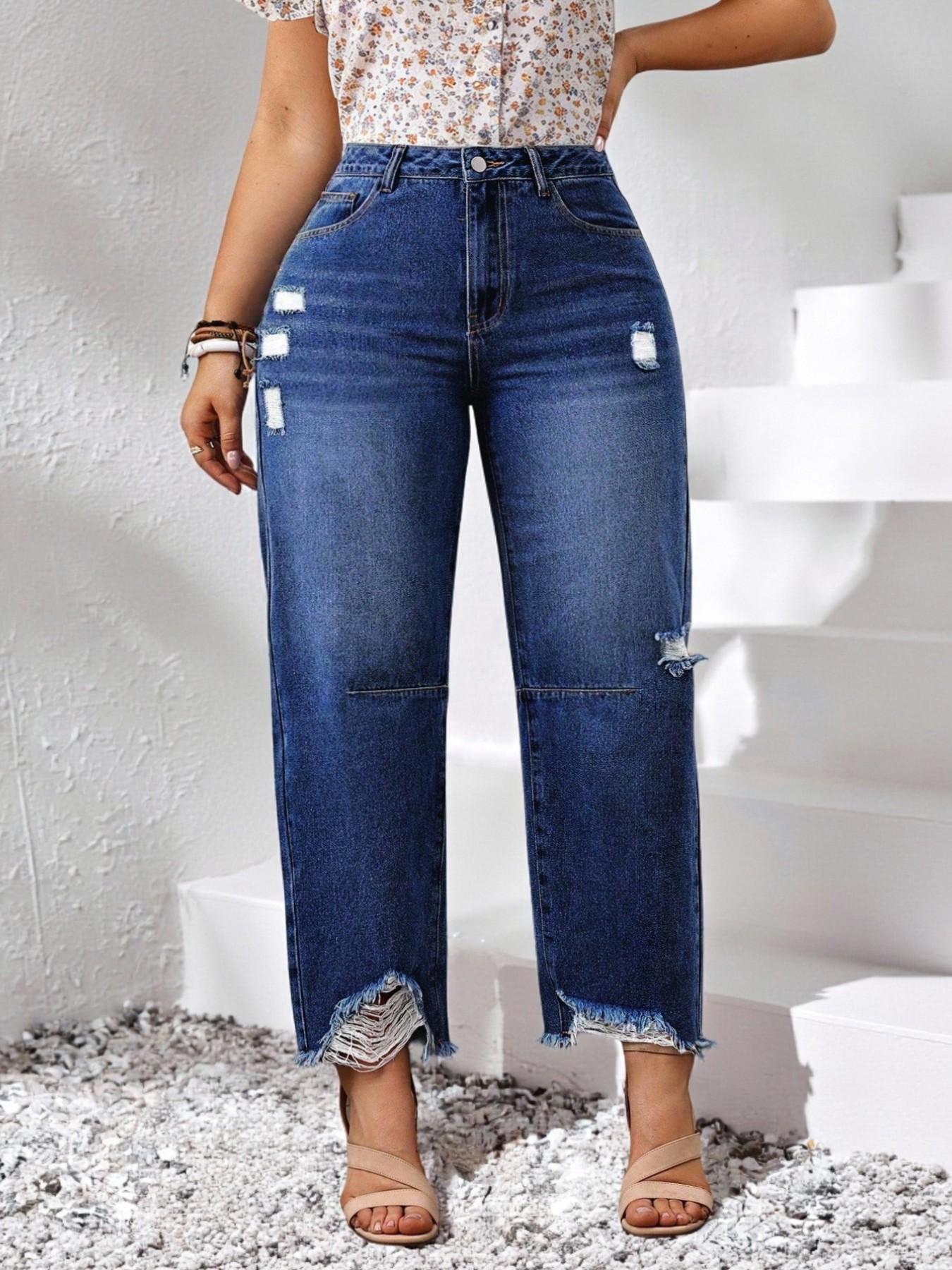 Plus Size Women's Ripped Washed Denim Jeans, Loose Fit Casual Daily Wear, Comfortable and Stylish, Perfect for Everyday Use, Pocket
