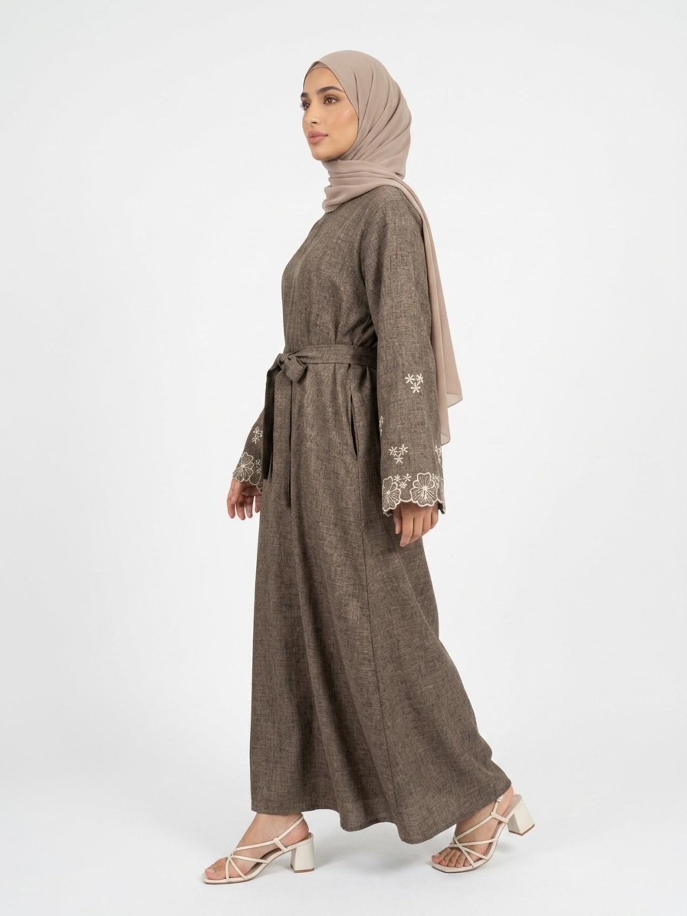 Elegant Embroidered Abaya Maxi Dress, Linen-Like Fabric, Pockets & Belt Included, Perfect for Special Occasions, Women's Fashion Muslim Clothing, Islamic Modesty Clothes