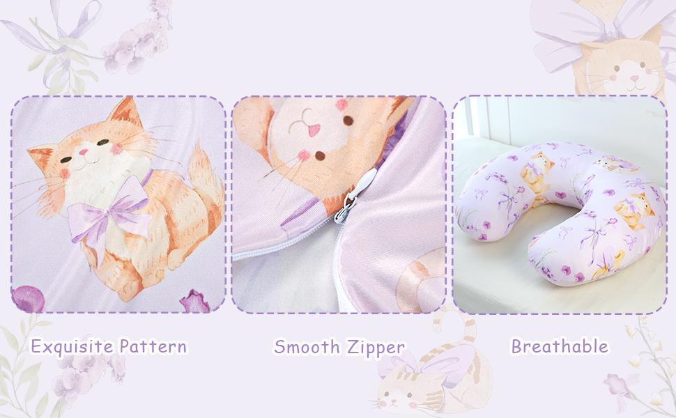 Pillow Cover, Ultra Soft Breastfeeding Pillow Covers for Newborn Baby Boys and Girls, Easy Removal and Machine Washable Slipcover, Pillowcase Only (Purple Flora & Cat)