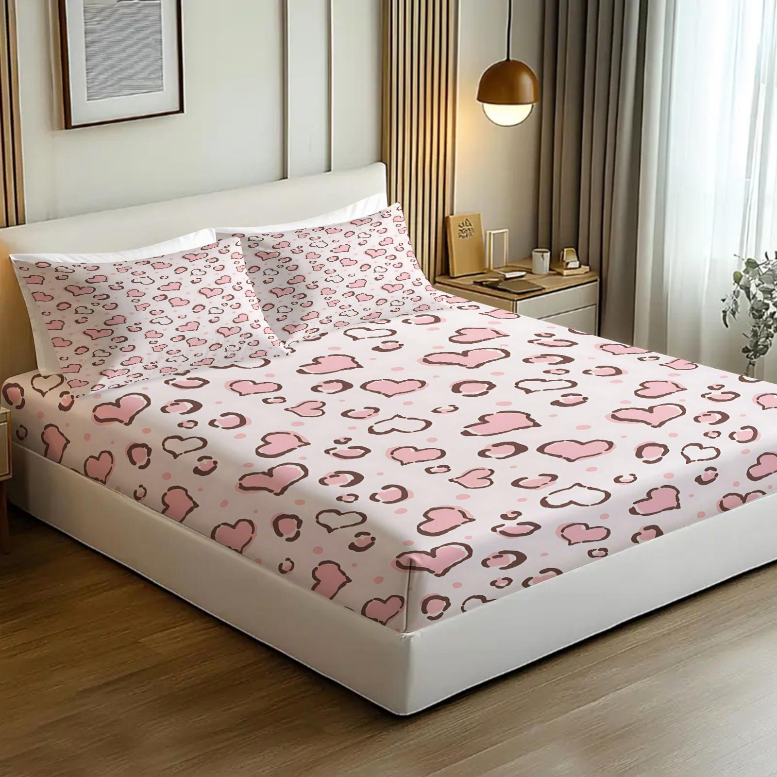 Soft heart-patterned fitted sheet set, Bedsheet, Includes 1 Fitted Sheet & 2 Pillowcases without Filler, Features an elegant color scheme, A stylish addition to your bedroom decor, Suitable for gifting or personal use, Multiple styles available