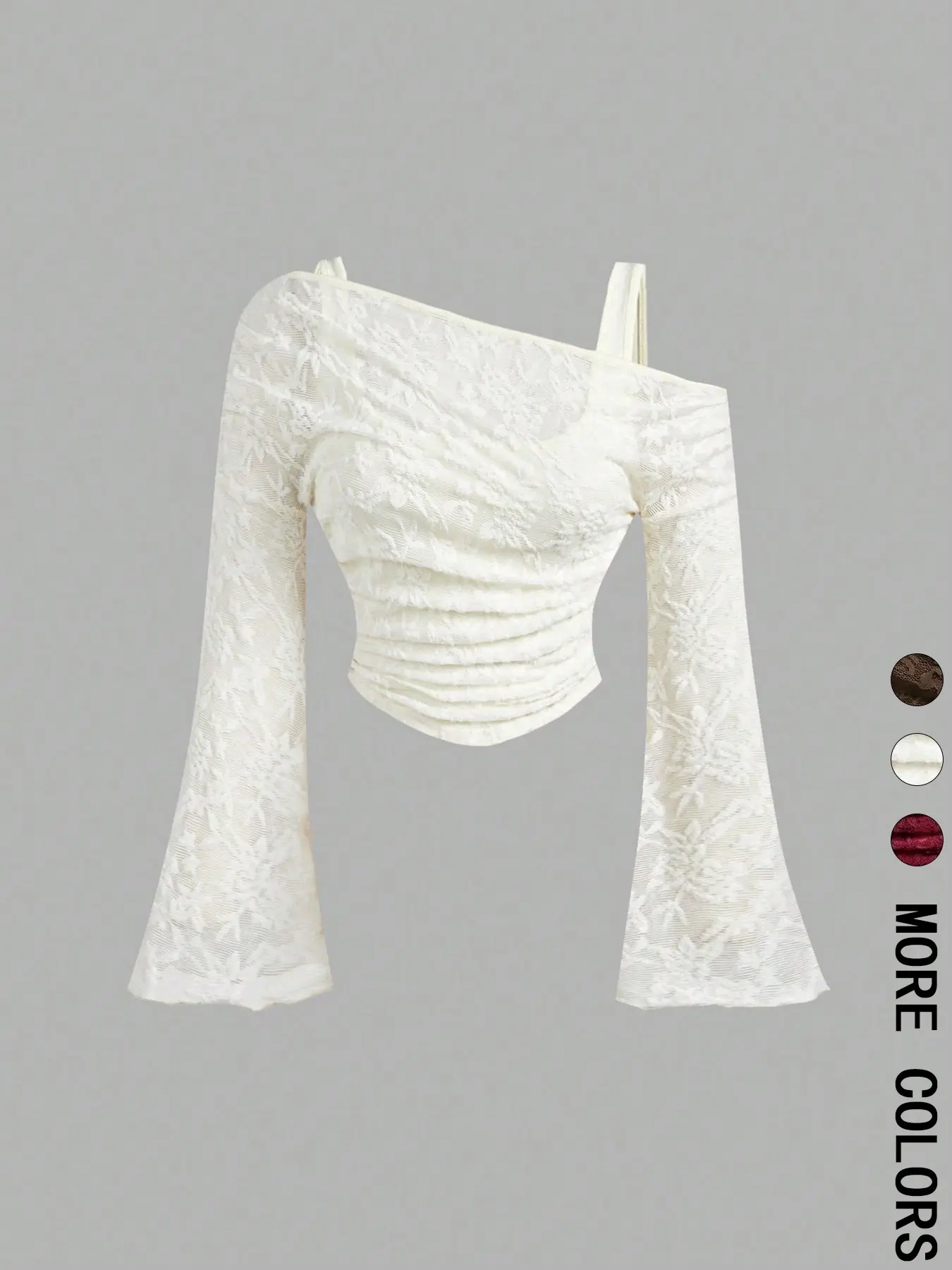Women Asymmetric Cold Shoulder Flare Sleeve Crop Top Floral Embossed Pattern Ruched Bust Matching Inner Shoulder Strap Wavy Cuffs Curved Slim Hem Figure-Flattering Layering Blouse Suitable For Daily Walks, Sweet Dates, Casual Weekend Trips And Various Mat