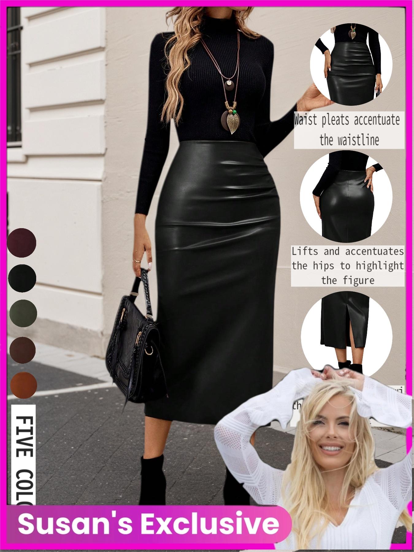 [Susan Exclusive]Women's Plain A-Line Midi Skirt for Casual Daily Wear, High Waist Split Thigh Design, All Seasons Fashion