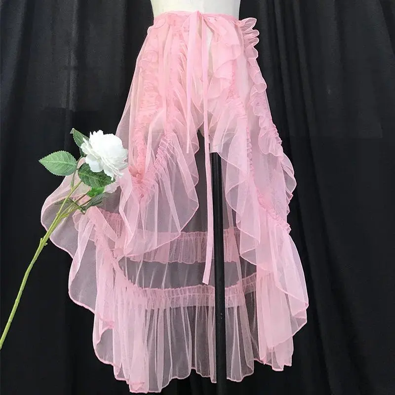 Gothic Lolita Lace See-Trough Mesh Ruffles Apron Curtain Skirts Women Japanese Kawaii Cute Asymmetrical Princess Fairy Skirts