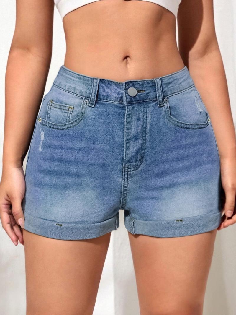 Women's Ripped Pocket Denim Shorts, Casual Stretchy Denim Shorts for Daily Wear, Ladies Bottoms for Summer, Womenswear