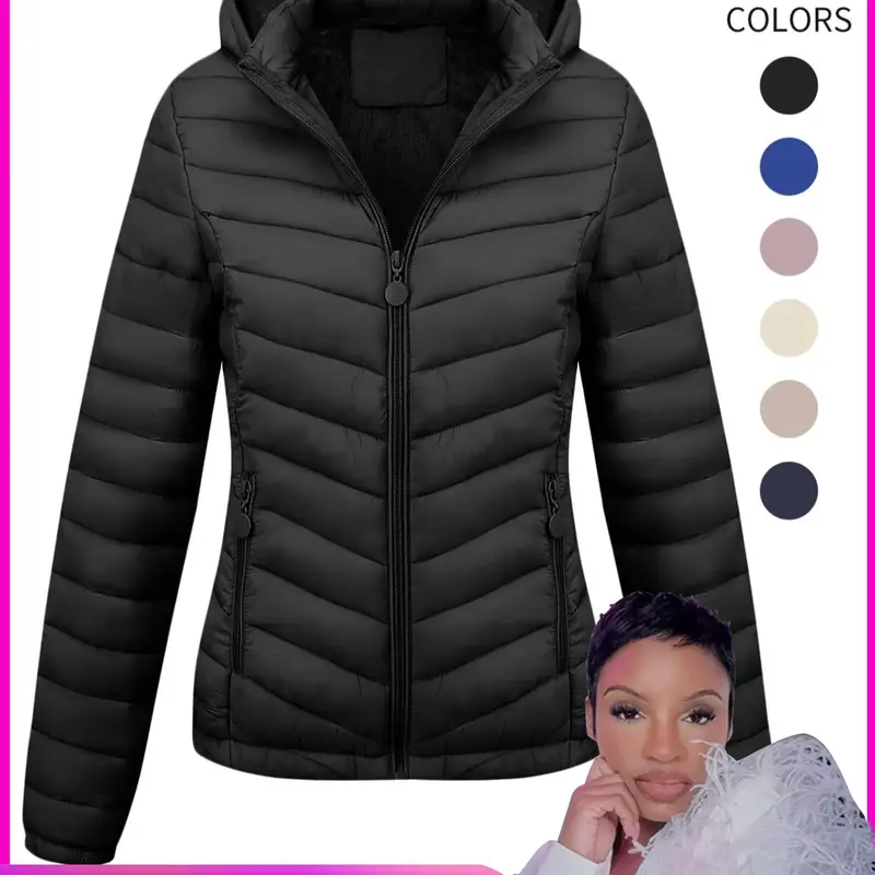 【Black Friday】Styles by Faith Howard Women's Lightweight Quilted Hooded Jacket, Casual Fitted Zip-Up Outerwear with Pockets for Winter, Daily Wear, and Commuting