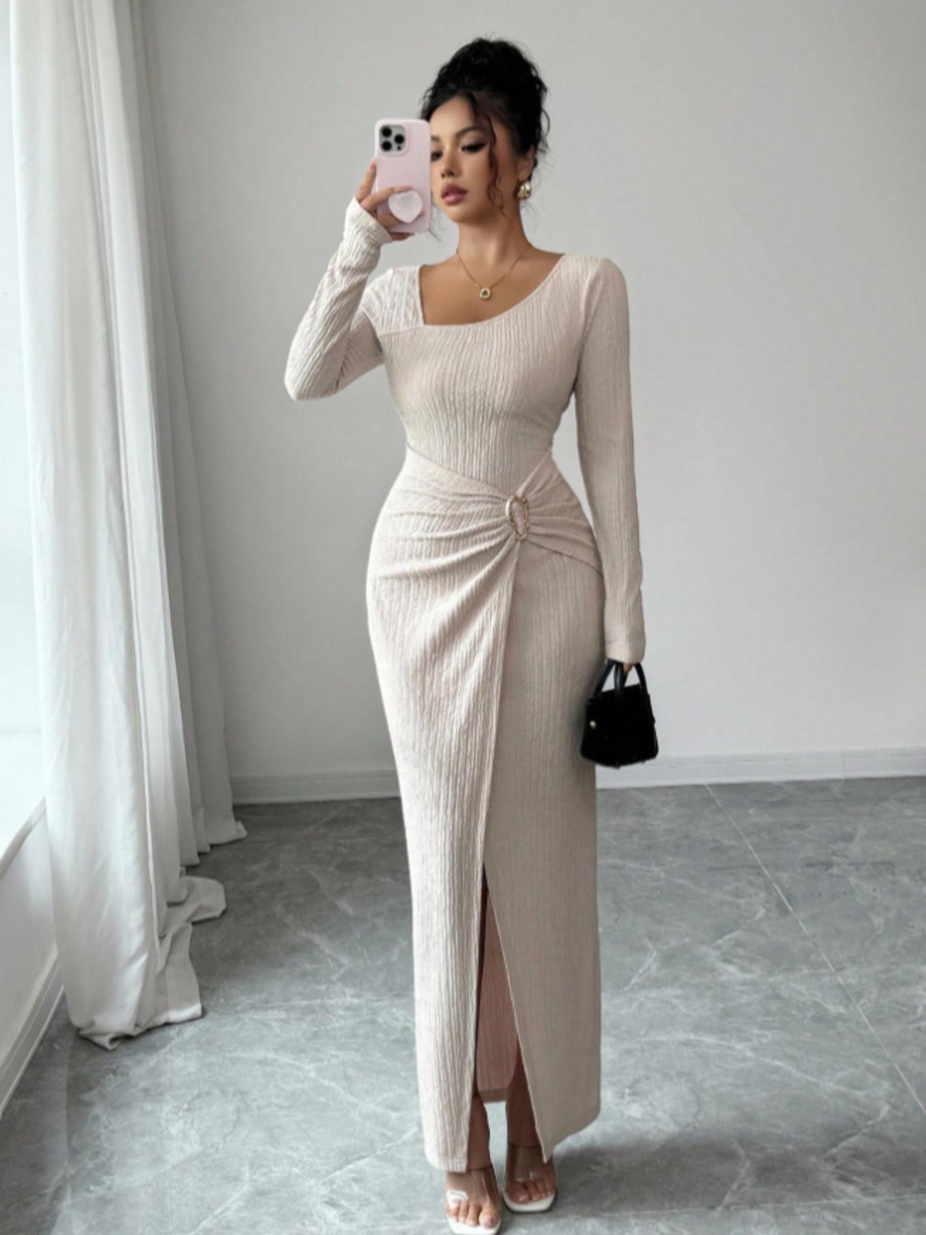 Women's Plain Fashion Twisted Long Dress, Asymmetrical Neck Knit Texture Tight Fit, Elegant Fall Winter Clothing, Twist Split Design
