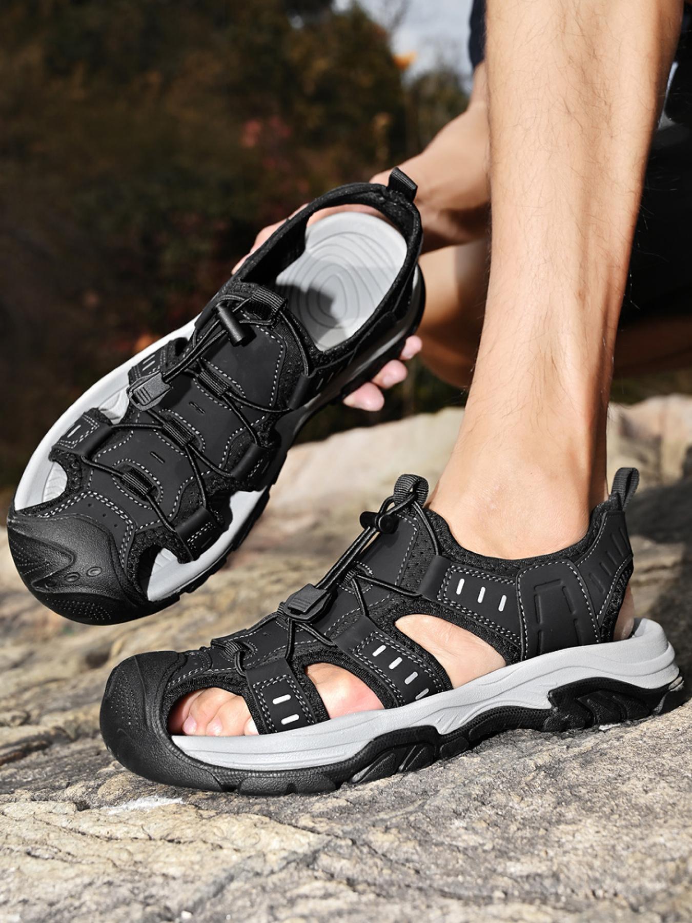 Men's Black and White Drawstring Closed-Toe Outdoor Sandals Thick-Soled Non-Slip Hollow-Out Water Shoes Breathable Durable Beach Hiking Shoes