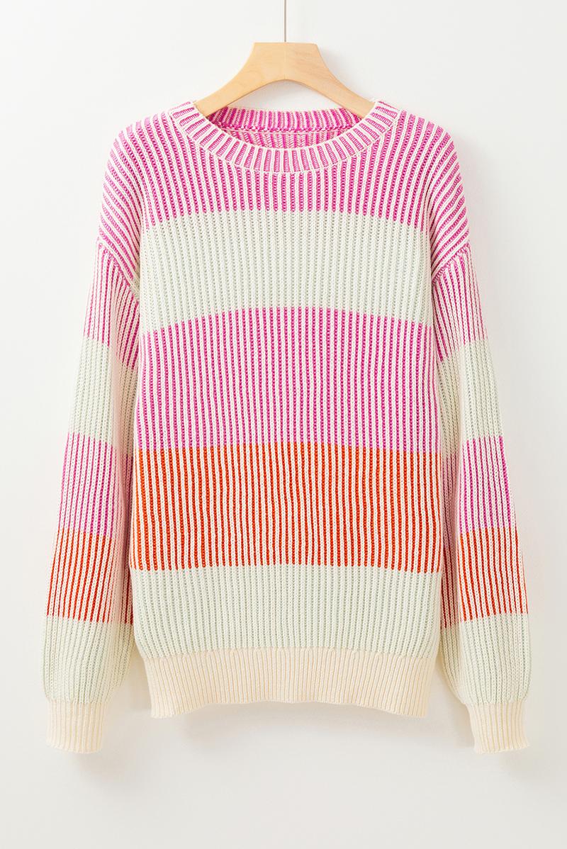 Women's Sweet Candy Pink Colorblock Textured Knit Bubble Sleeve Sweater