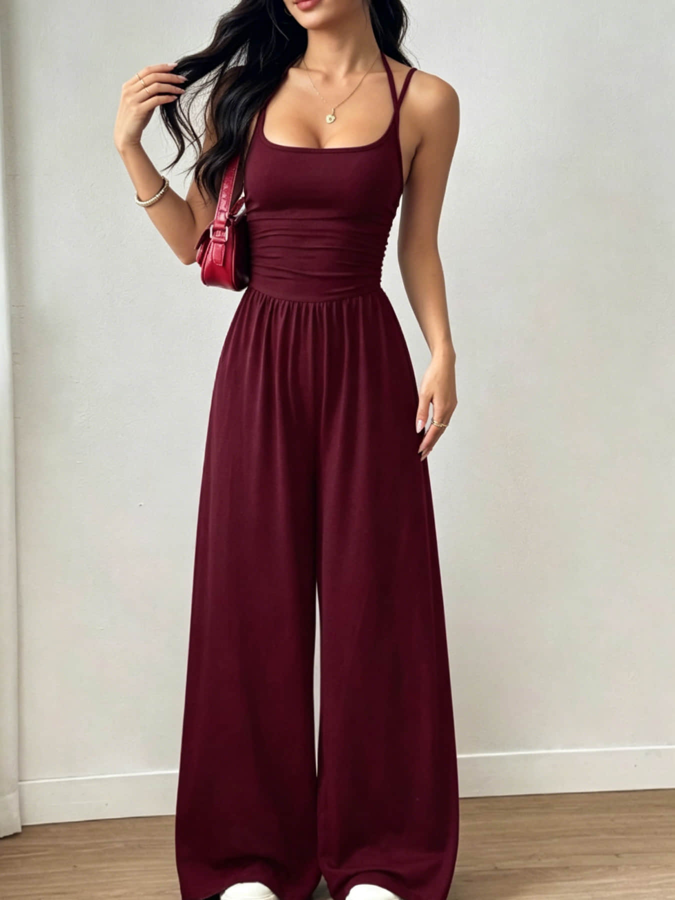 Summer New Fashion Women's Wear Design Double Fine Shoulder Strap One-Piece Wide Leg, Pleated Waist Design, Suitable for Commuting, Daily Wear, Vacation, Home, and Outdoor Adventures