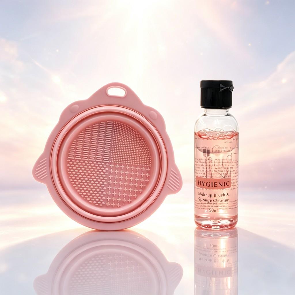 Makeup Brush and Beauty Sponge Cleaning Bowl, Stainless Steel Frame, Plastic Material, Includes Cleaner Liquid, One-Stop Solution