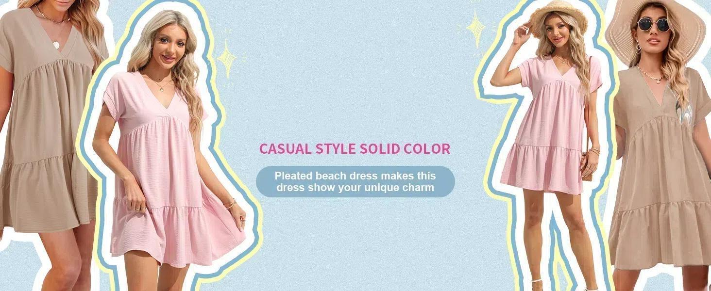LAICIGO Women Summer Simple Style V Neck Flowy Babydoll Dress Comfy Loose Fit Short Sleeve Mini Tunic Dress Beach Dresses