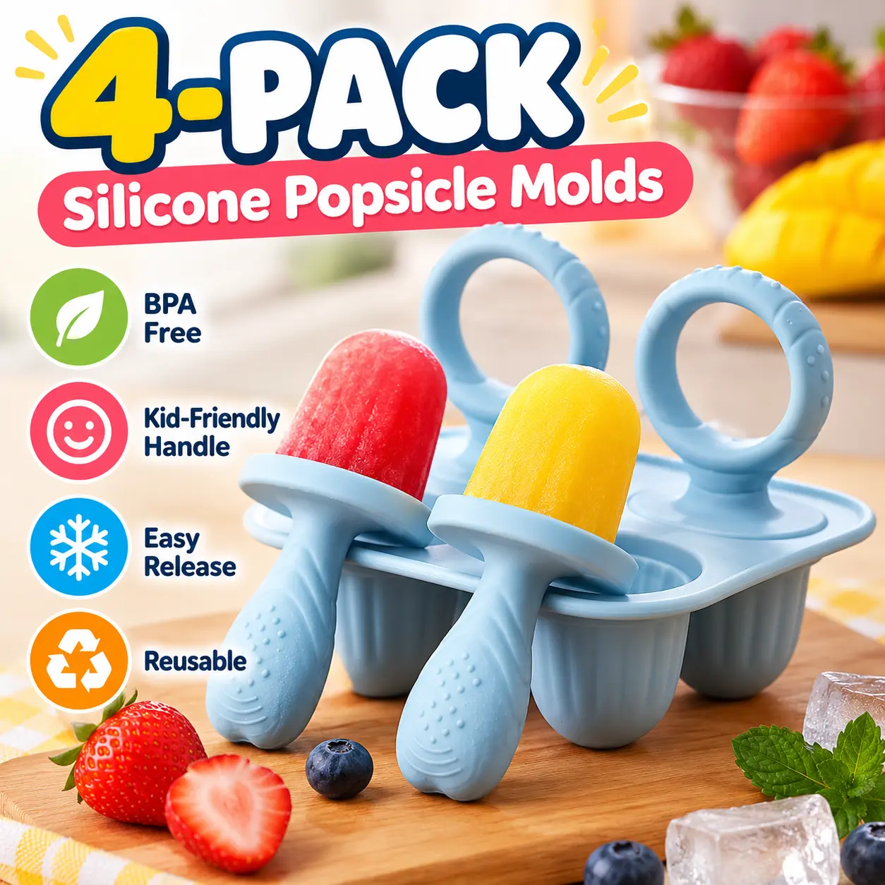 4-Piece Reusable Silicone Ice Pop Mold Set, Cute Mini Popsicle Makers with Flexible Non-Stick Design, Easy-to-Hold Handles for Small Hands, BPA-Free Homemade Frozen Dessert Molds for Juice, Yogurt, Fruit Treats, Summer Parties, Family Kitchen Fun & DIY Sn