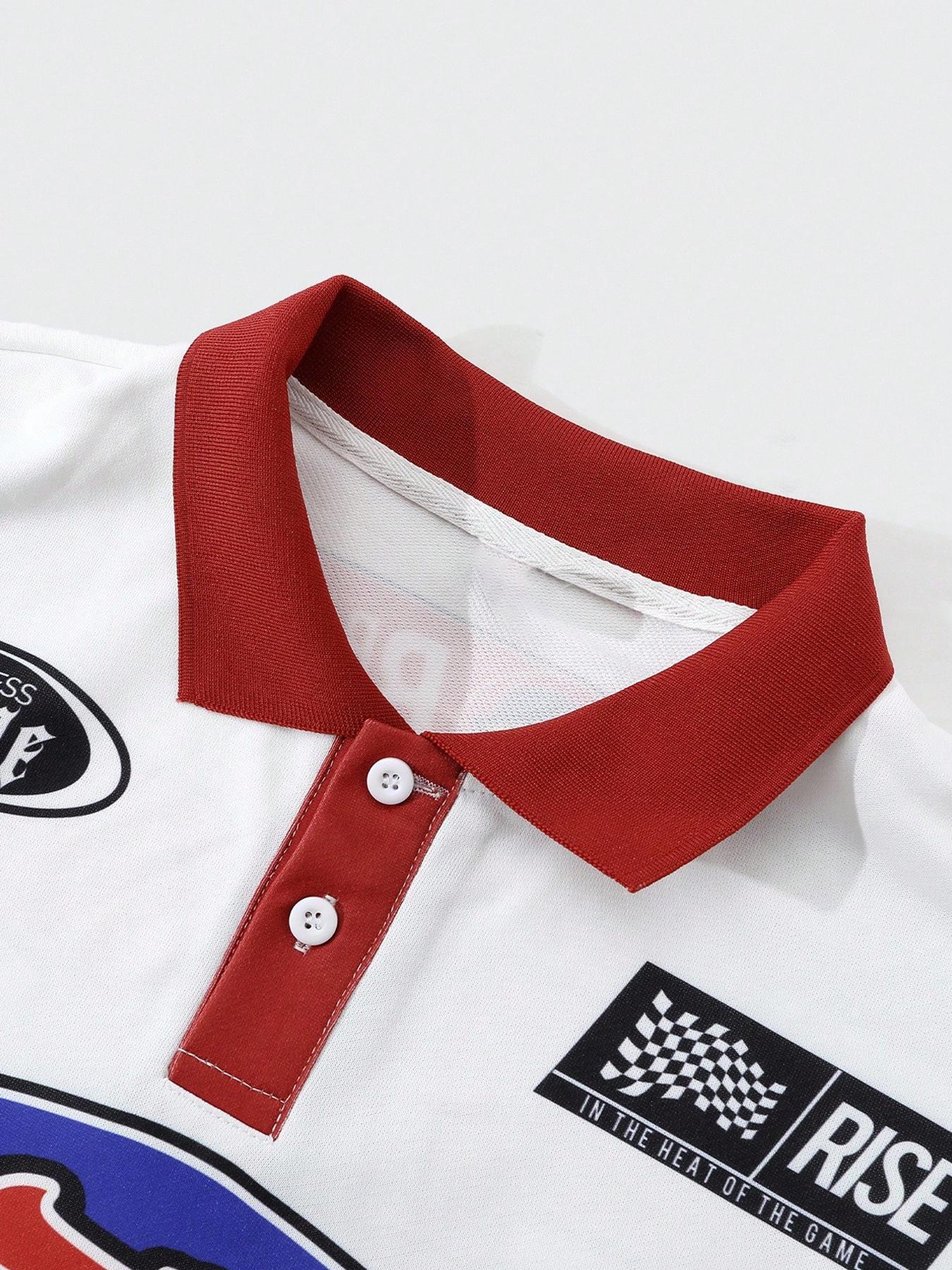 Men's Graphic & Letter Print Loose Fit Granddad Collar Polo Shirts, Sports Preppy Stylish Top For All Seasons, Men's Fall Outfits For Outdoors