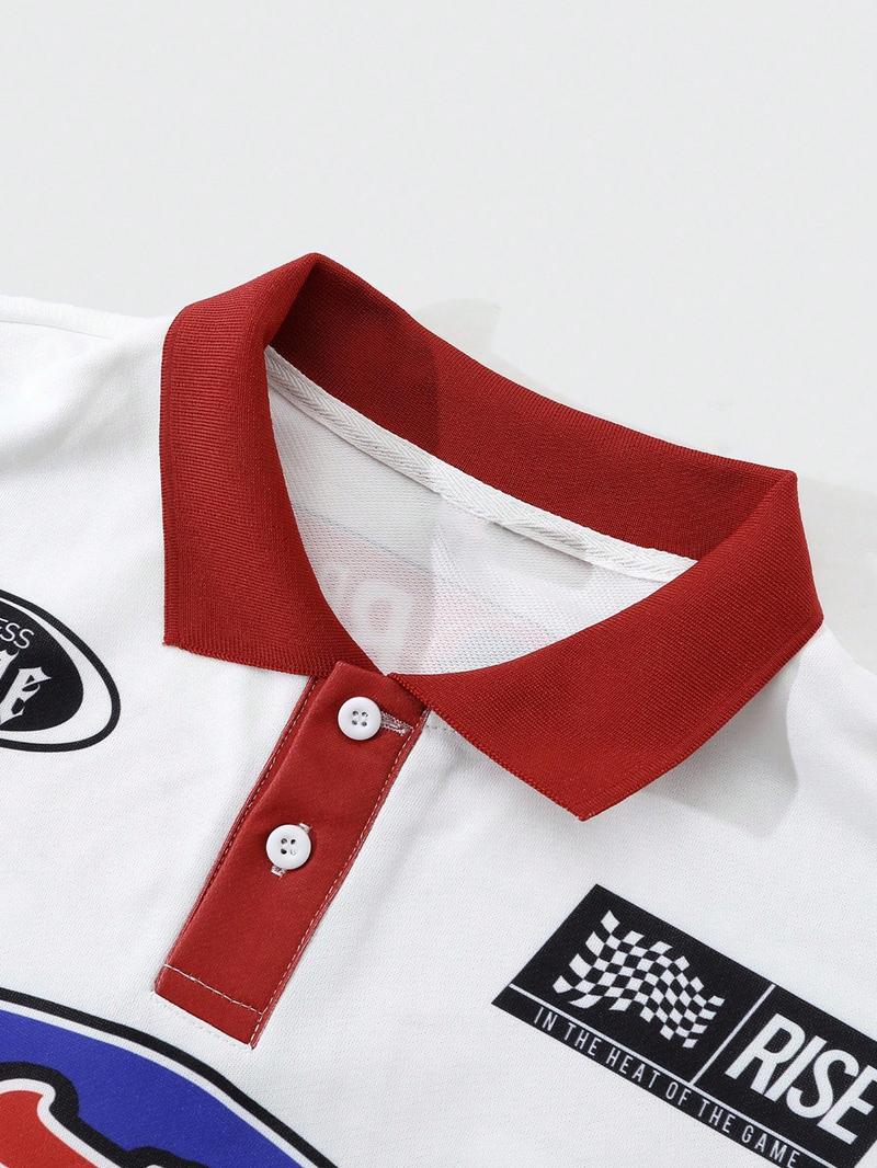 Men's Graphic & Letter Print Loose Fit Granddad Collar Polo Shirts, Sports Preppy Stylish Top For All Seasons, Men's Fall Outfits For Outdoors