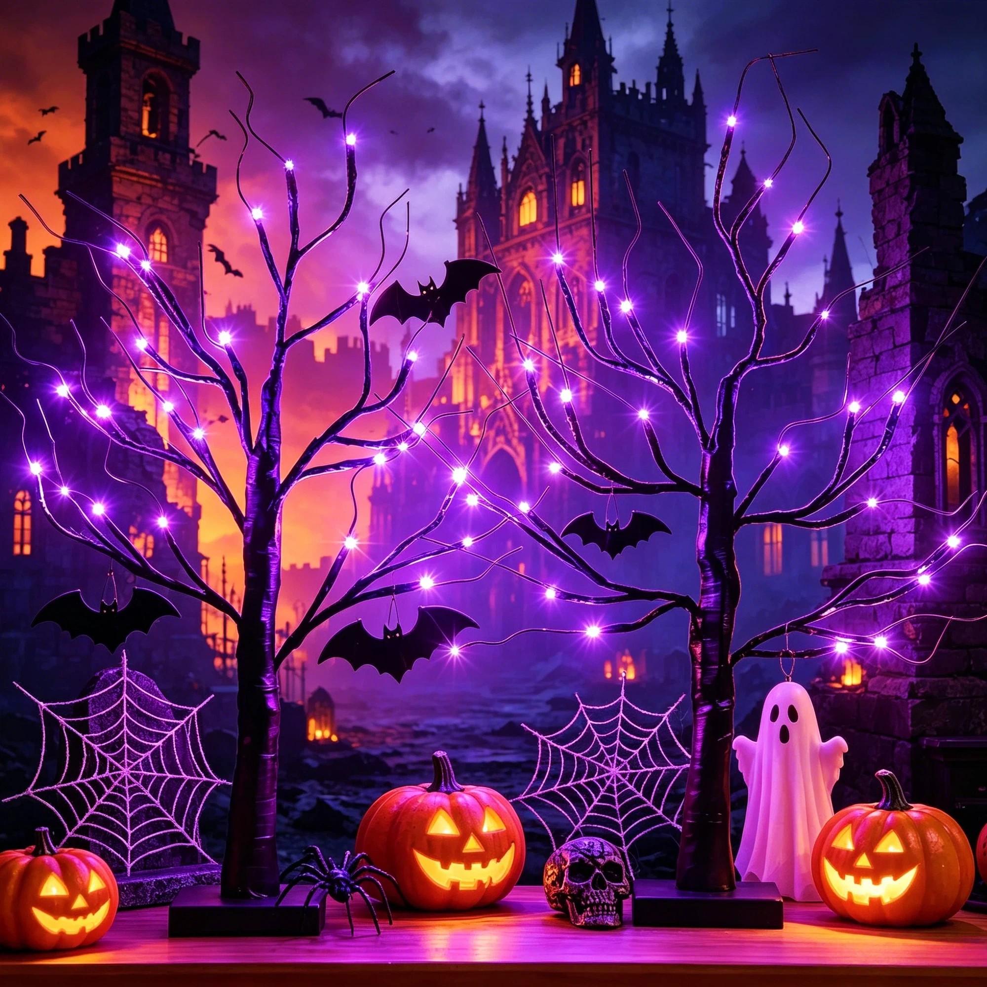 1/2 Pack 24 Inch Black Halloween Ghost Tree Light with 24 LEDs Orange & Purple Lights, USB & Battery Powered, DIY Hanging Ornament Table Lamp for Bedroom Haunted House Thanksgiving Autumn Seasonal Home Party Decor (Battery Not Included)