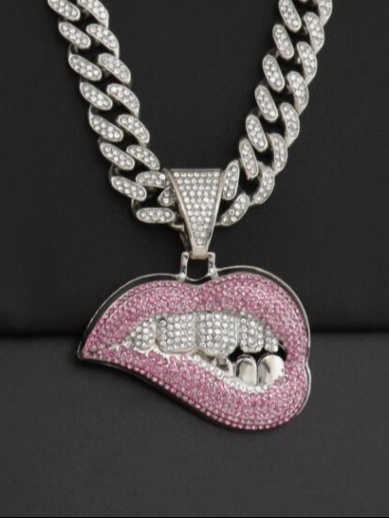 Silver Iced Out Pink Lips Pendant Necklace - Cuban Link Chain Hip Hop Jewelry for Men Women iced out necklace, cuban link necklace, lips necklace, pink lips pendant, hip hop jewelry, silver cuban chain, rhinestone necklace, two tone necklace, grillz jewel