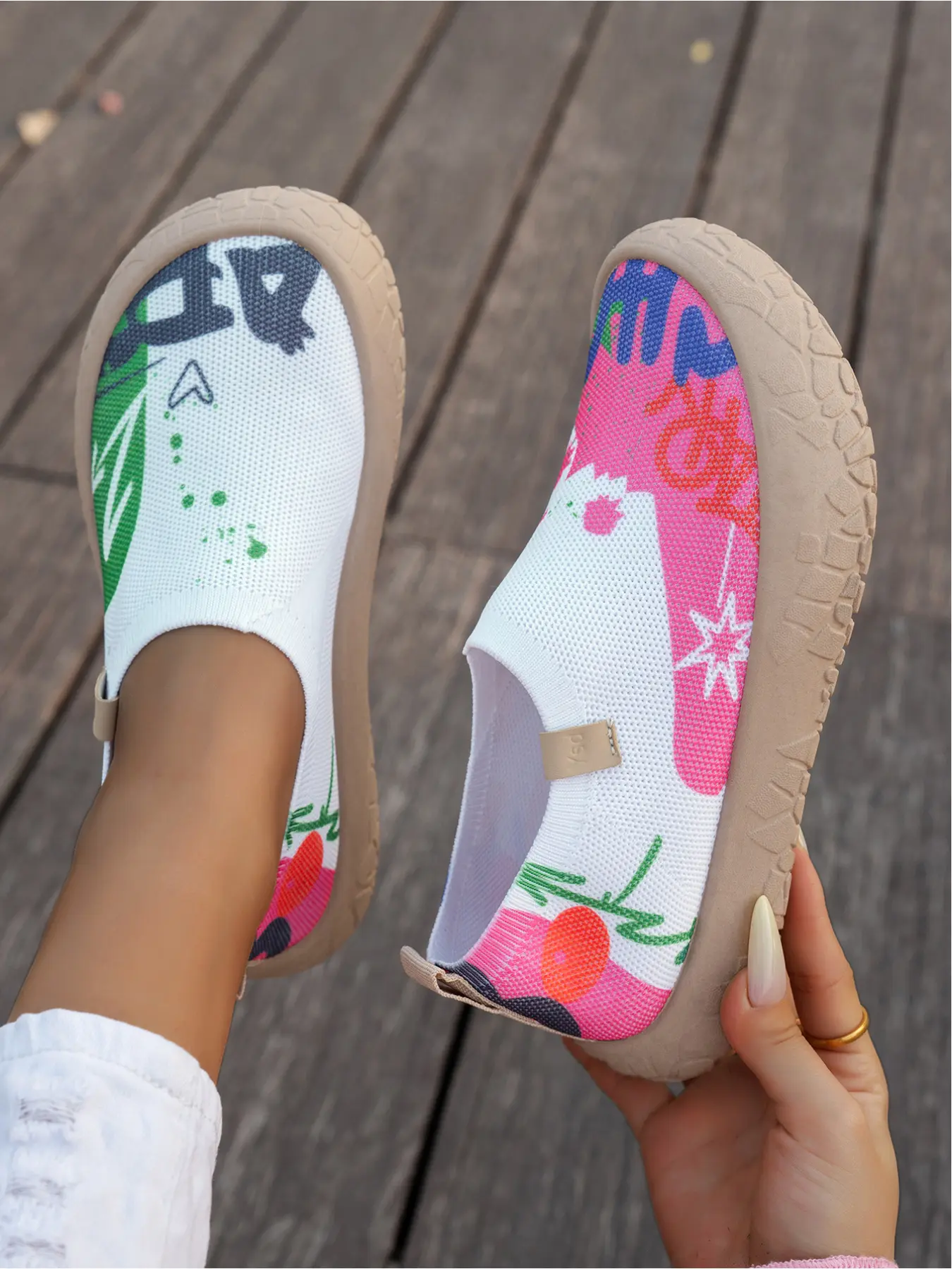 Women's Colorful Graffiti Slip-On Sneakers, Breathable Knit Mesh Walking Shoes, Casual Lightweight Non-Slip Soft Sole Shoes for Outdoor, Work and Travel