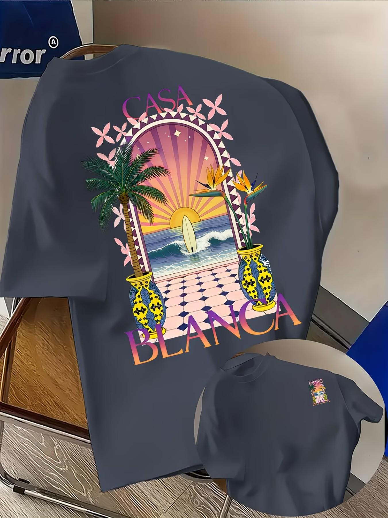 Men's Casual Comfortable Short Sleeve T-Shirt, Casablanca Pattern Front and Back, Loose Fit, Ideal for Daily Wear, Travel, Dating