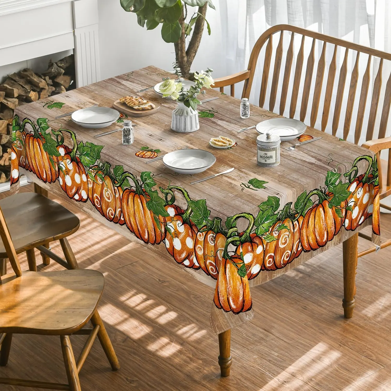 Fall Tablecloth Rectangular Thanksgiving Orange | Grain Autumn Harvest Wood Plank Pot Pumpkin Washable Table Cover for Party Picnic Dinner Decor
