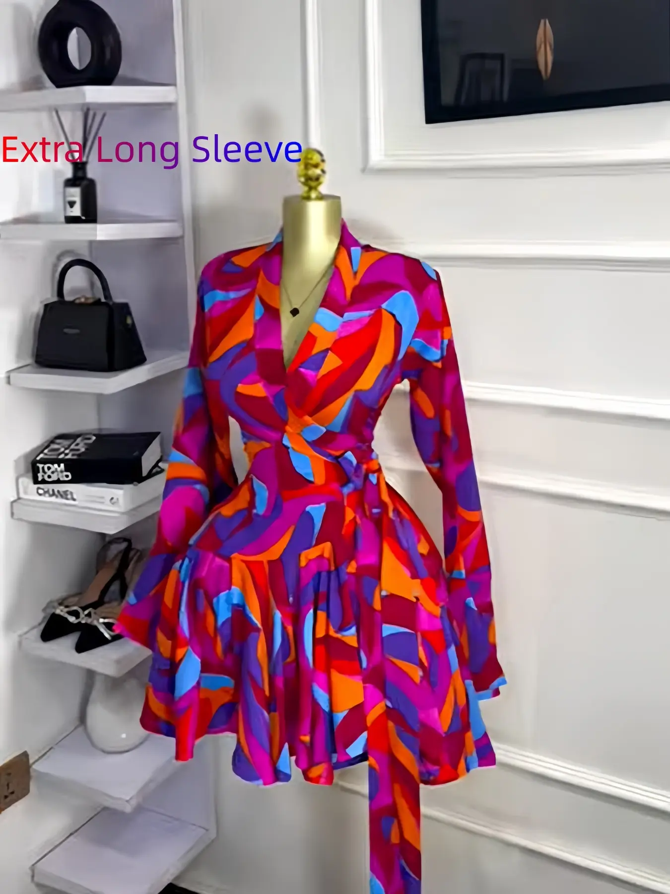 PULKRITU Elegant Women's Tie-Dye Polka Dot Print Flare Long Sleeve Dress, V-Neck Bow Hem, Fall Winter Wear, Elegant Vacation Party Birthday Dress,Lady Skirt,Casual Dresses,Female Brunch Dresses,Music Festival Dress,Party Dating Wear,Fashion