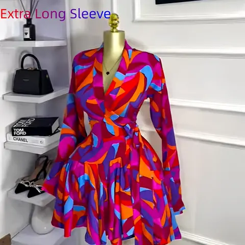 PULKRITU Elegant Women's Tie-Dye Polka Dot Print Flare Long Sleeve Dress, V-Neck Bow Hem, Fall Winter Wear, Elegant Vacation Party Birthday Dress,Lady Skirt,Casual Dresses,Female Brunch Dresses,Music Festival Dress,Party Dating Wear,Fashion