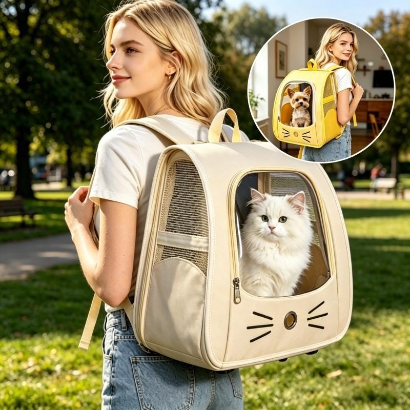 Transparent Bubble Window Cat Face Design Pet Backpack, Wide Strap Foldable Breathable Dog Bag, Ideal for Festive Occasions, Comfortable Travel Essential