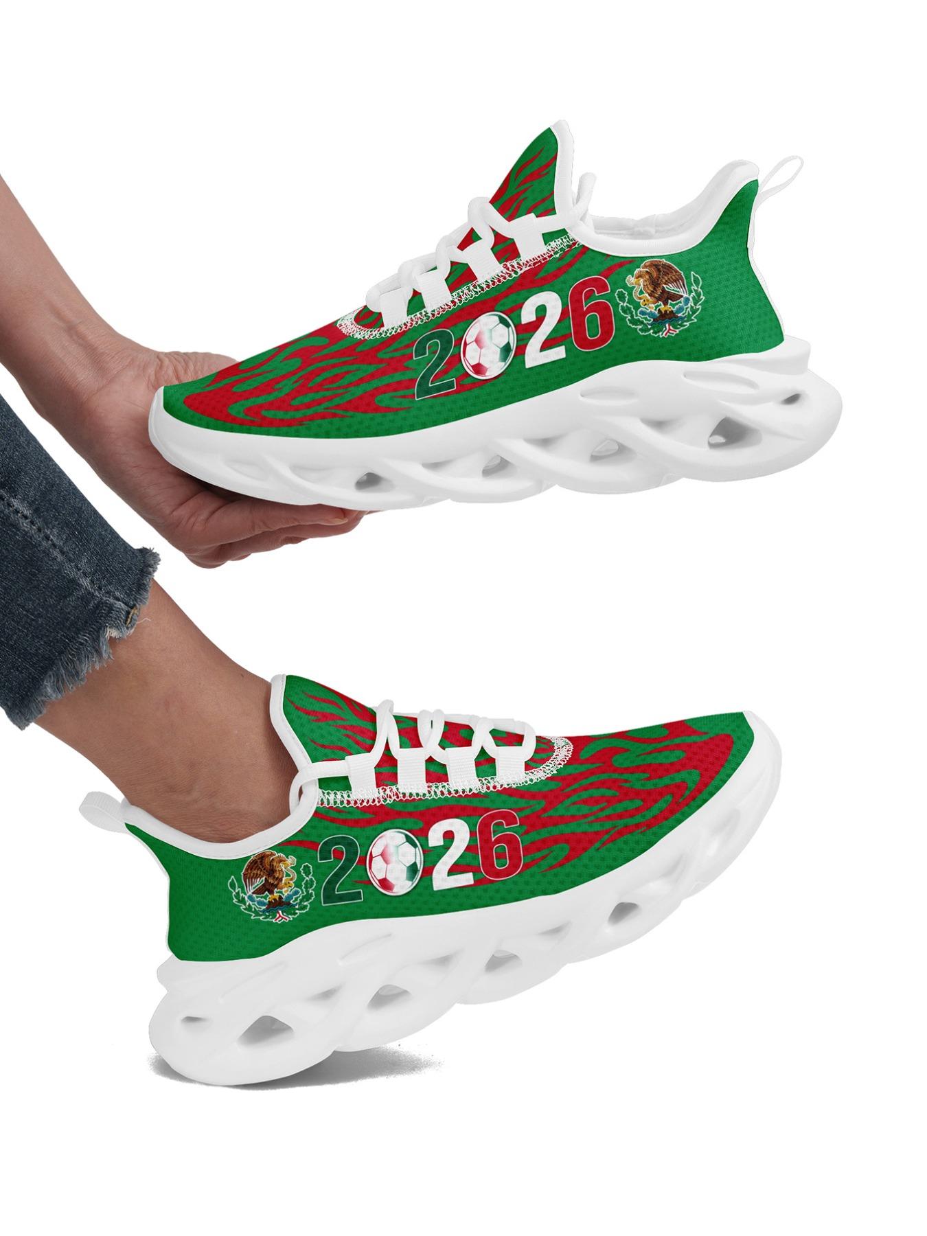 Men's Mexico 2026 Green Red Flame Soccer Eagle Print Sport Shoes, Wide Fit, Plus Size, Trendy Casual Sneakers for Daily Walking, Gym & Outdoor