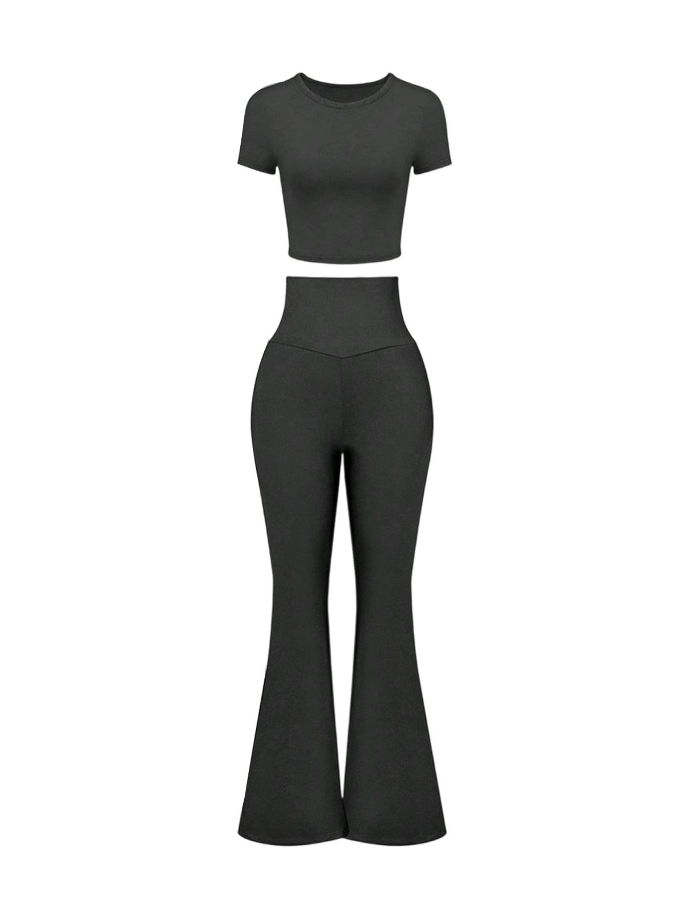Women's 2 Piece Matching Lounge Set Gym Casual Wear Short Sleeve Crop Top and High Waisted Flare Leg Pants Yoga Outfit