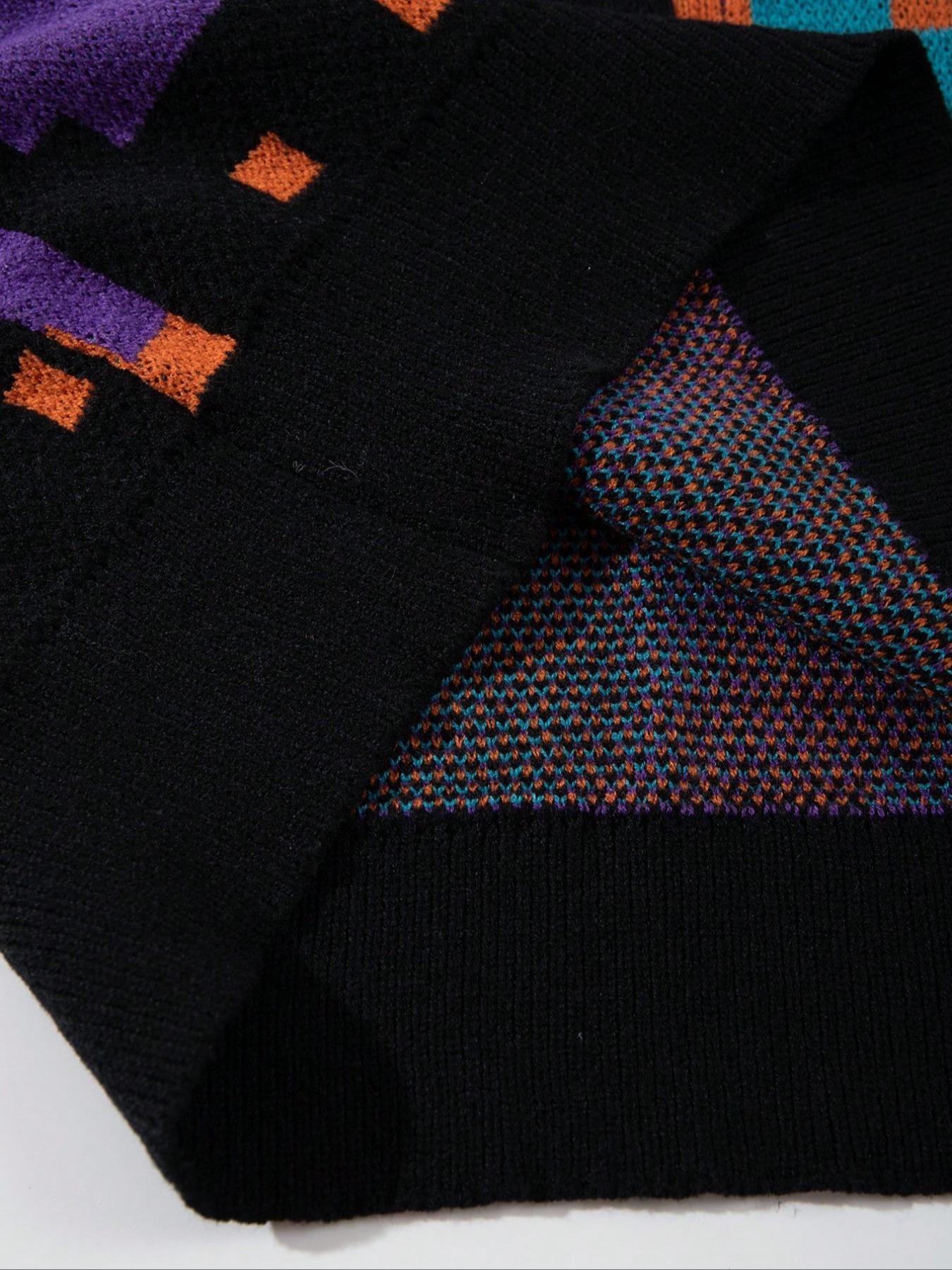 Unisex Casual Knitted Sweater, Vintage Crewnecks Jumper, Long Sleeve Round Neck Pullover, Cartoon Cat Pattern, Spring Fall Winter Wear, Comfortable Commuter Top