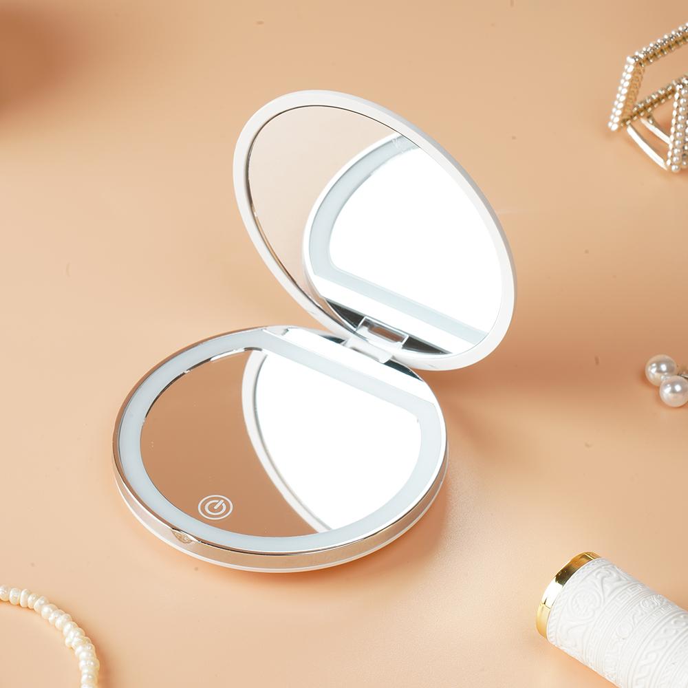 Magnifying Cosmetic Pocket Mirror, 1X/2X Magnification LED Compact Travel Makeup Mirror with Light for Purse, 2-Sided, Portable, Folding, Handheld, Small Lighted Mirror for Gift, Rechargeable Makeup Mirror