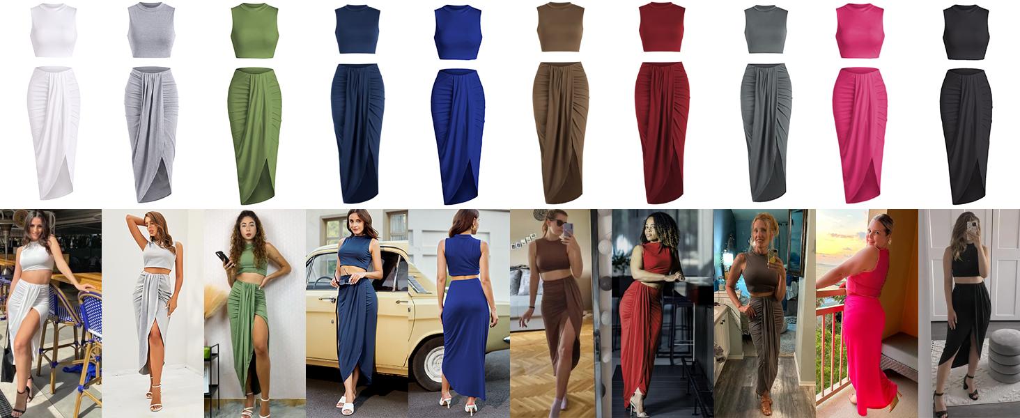 ZAFUL Women's Casual Sleeveless Summer Two Piece Outfits Crop Top & Side Split Draped Ruched Maxi Skirt Set Solid Suiting Minimalist Black Basic Clothes Womenswear Short