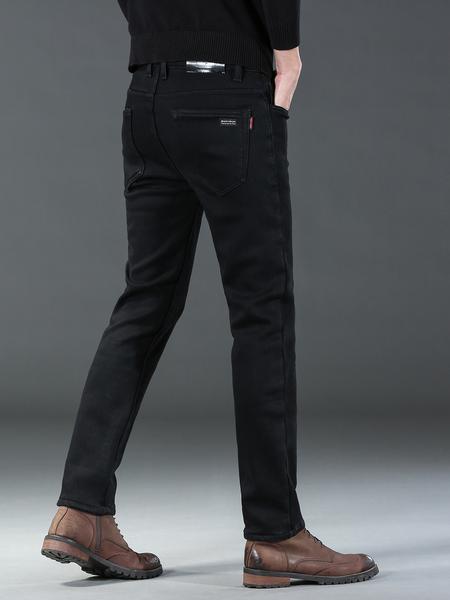 Men's Thick Winter Denim Jeans, High Waist Loose Straight Leg Pants, Fitted Street Style Warm Elastic Casual Trousers