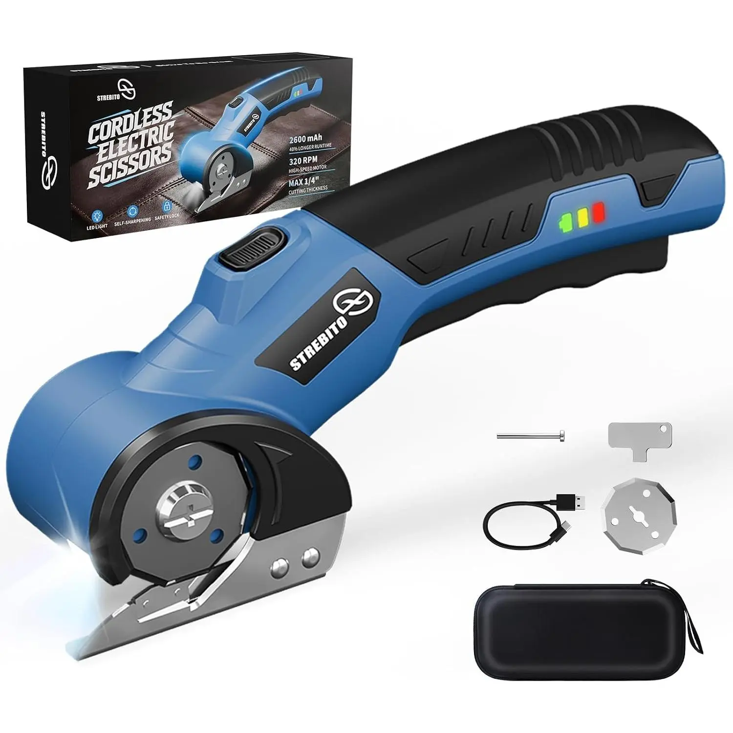 STREBITO 4V Cordless Electric Scissors, 2600mAh 320 RPM Motor Battery-Operated Tool with Safety Lock, LED Lighting, Metal Guard, 2 Blades for Cardboard Work, Plastic & More Multi-Material Cutting Projects
