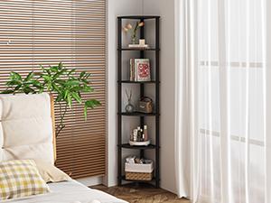 Corner Shelf, 6-Tier Corner Bookshelf, Industrial Corner Ladder Shelf, DIY Storage Shelves, Modern Display Shelf for Living Room, Bedroom, Kitchen, Home Office, Black UJSJ004B