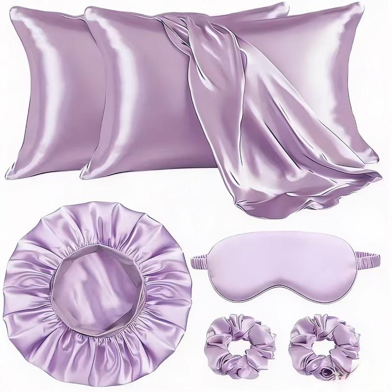 Silk Hair Care Set, 6-Piece Kit (pillowcase + Sleep Cap + Eye Mask + Headband), Anti-Tangle, No Heat Styling, Wide Brim Sleep Cap, Women's Bath Hat