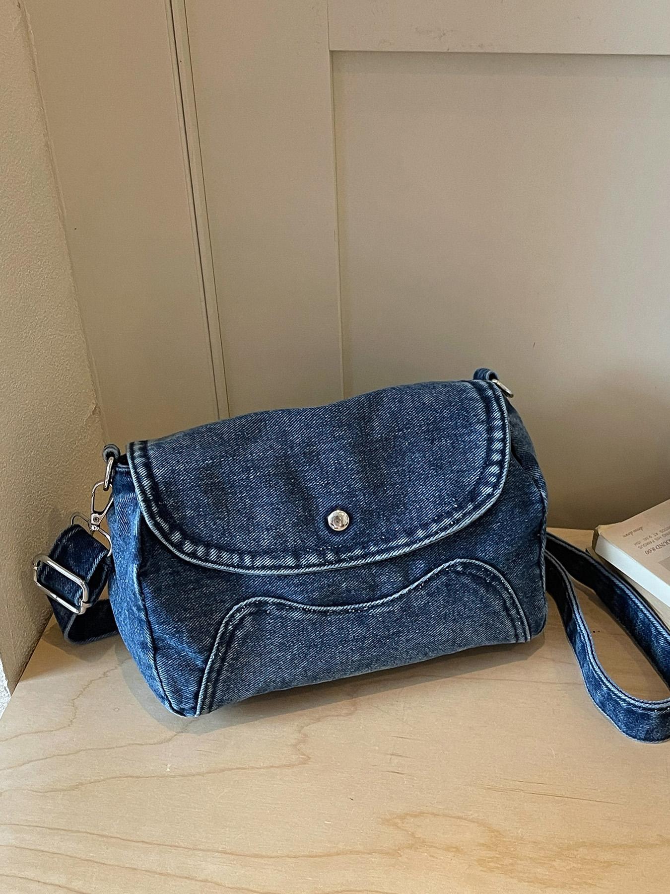 1pc Solid Black Washed Denim Saddle Crossbody Bag, Snap Button Flap Cover Adjustable Wide Shoulder Strap Retro Casual Shoulder Bag For OOTD Shooting, City Shopping, Cafe Hangouts, Weekend Trips, For Y2K Street‑style Fashion Women