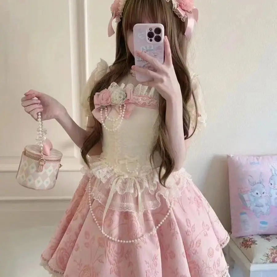 Sweet Lolita JSK Dress Women Harajuku Pearl Bow Lace Ruffle Floral Print Vintage Princess Party Dresses Kawaii Cute Aesthetic