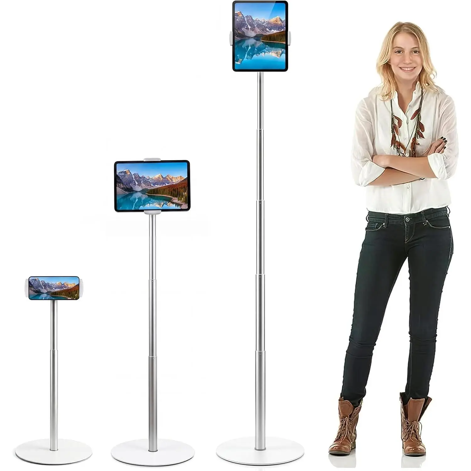 Heavy-Duty iPad Stand Floor 66.1" Height-Adjustable Tablet Holder