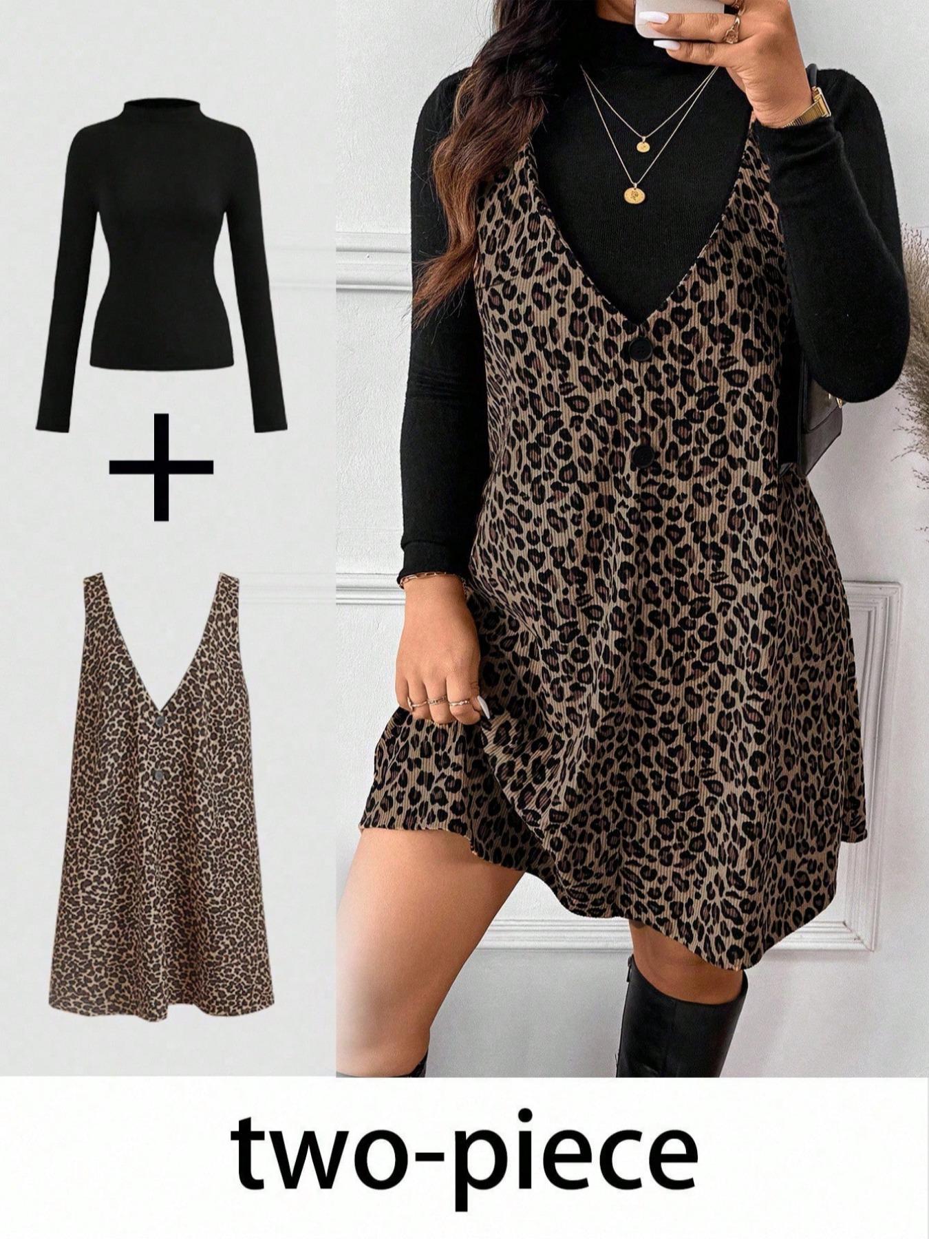 Women's Vintage Leopard Print Dress & Plain Top Two-Piece Set, Autumn Winter Outfit for Shopping & Dates