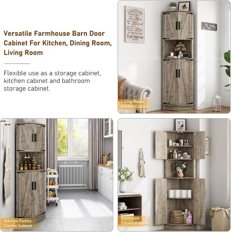 68" Tall Farmhouse Corner Cabinet, Dining Room Storage Cabinet with 4 Barn Doors and 5 Level Storage with Adjustable Shelves, for Kitchen, Living Room, Laundry Room