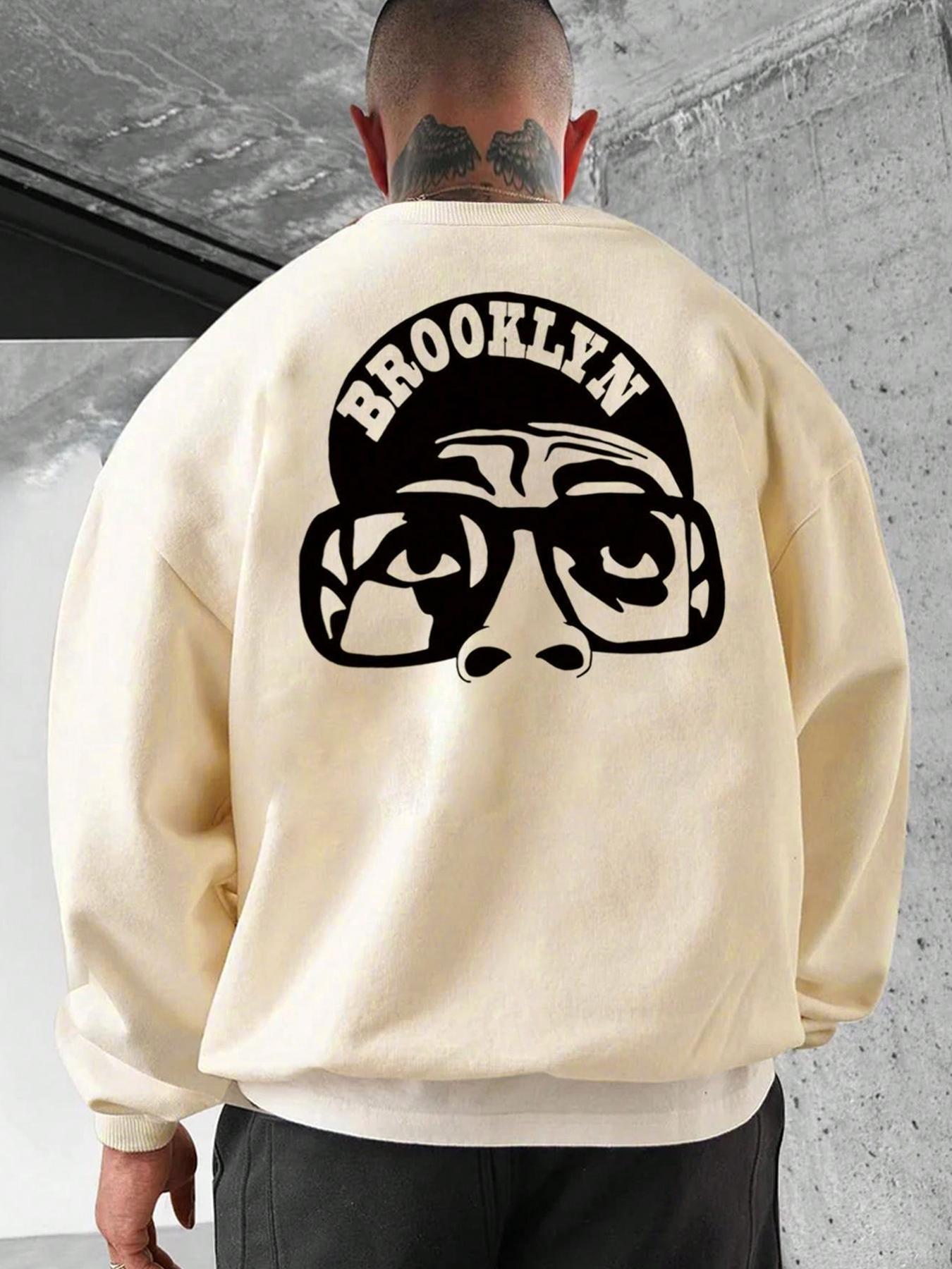 Men's Regular Fit Cartoon & Letter Print Drop Shoulder Sweatshirt, Casual Soft Comfy Long Sleeve Round Neck Pullover for Fall & Winter, Men's Clothes for Daily Wear