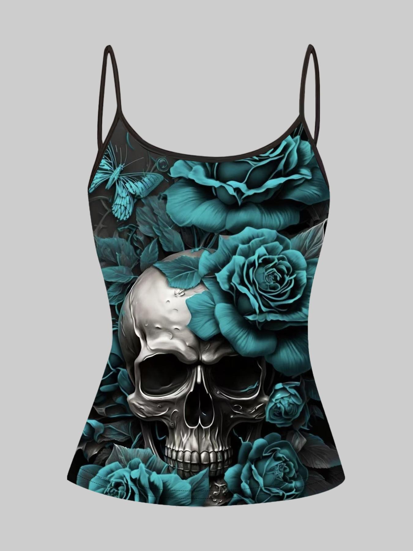 Gothic Skull Rose Print Strappy Top, Summer Home Sleepwear, Casual Slim-Fitting Outerwear, Unique Bodycon Shirt Set of Four
