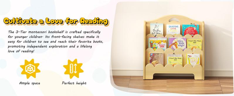 ONBRILL 3-Tier Montessori Wooden Bookshelf for Kids, Toddler Book Rack Toy Organizer and Storage, Small Book Display Stand for Baby, Bookshelves Furniture for Classroom, Nursery, Playroom, Library【HolidayHaul】