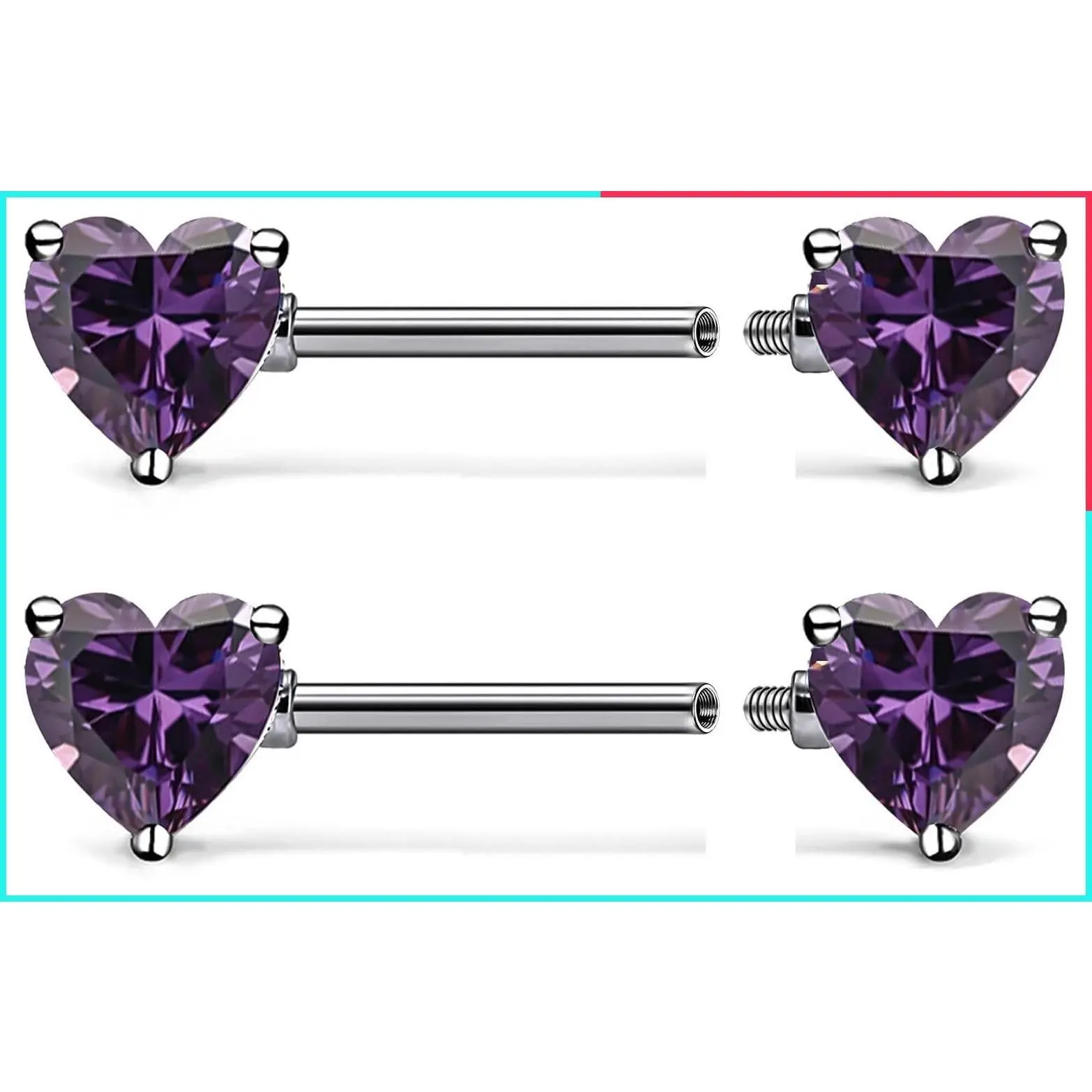 14G F136 Titanium Multicolor Heart CZ Nipple Barbell Rings - Internally Threaded Hypoallergenic Piercing Jewelry for Women