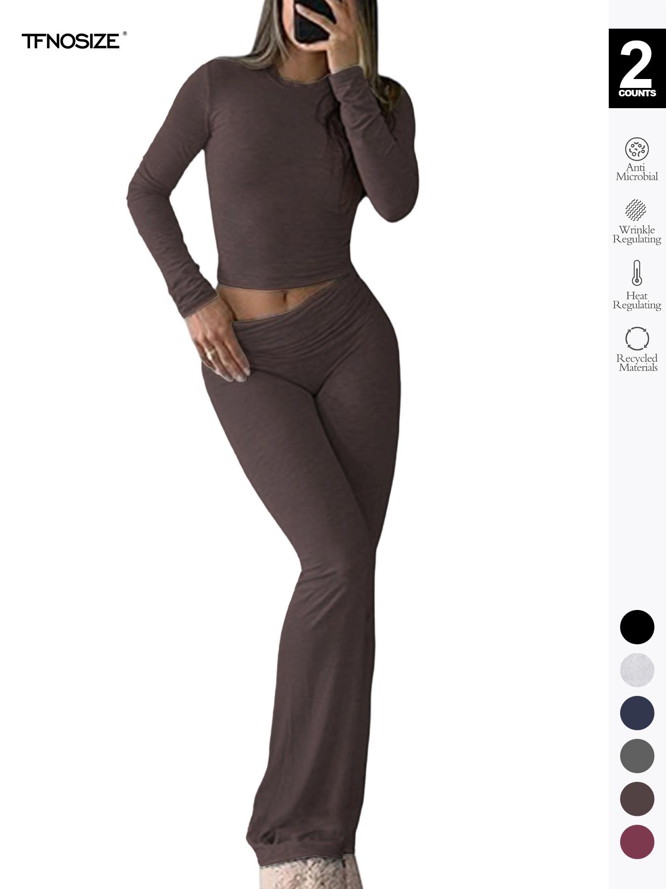 Women's 2 Piece Casual Pajama Set, Slim Fit Long Sleeve Top & Low Rise Bell Bottoms, Versatile Yoga Loungewear for All Seasons,Airport Outfit