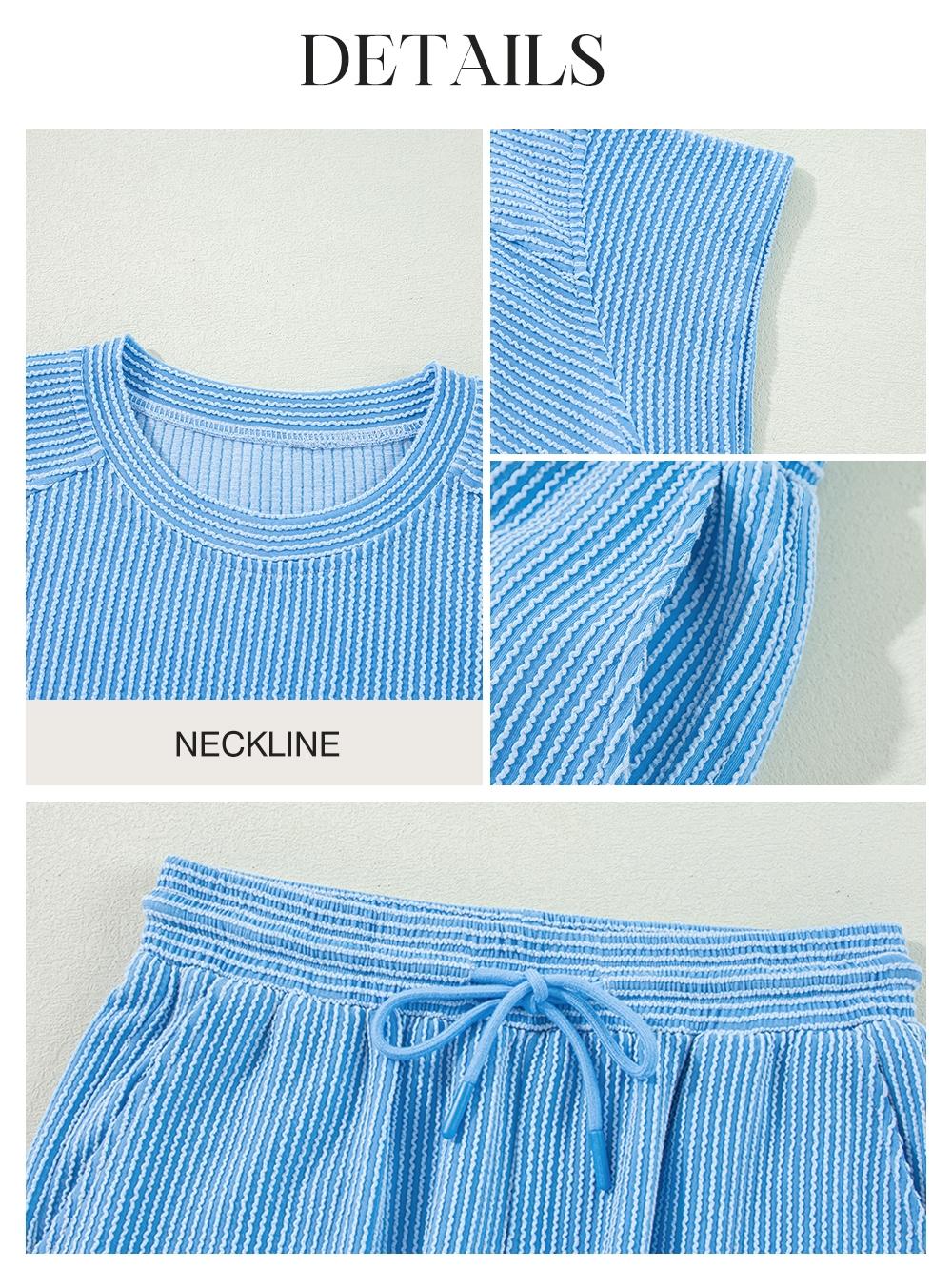 Women's Twisted Ribbed Knit Solid Color Set - Round-neck Short Sleeve T-Shirt & Wide Leg Pants with Side Pockets, Casual Comfy for Summer Daily Wear, Co Ord Sets