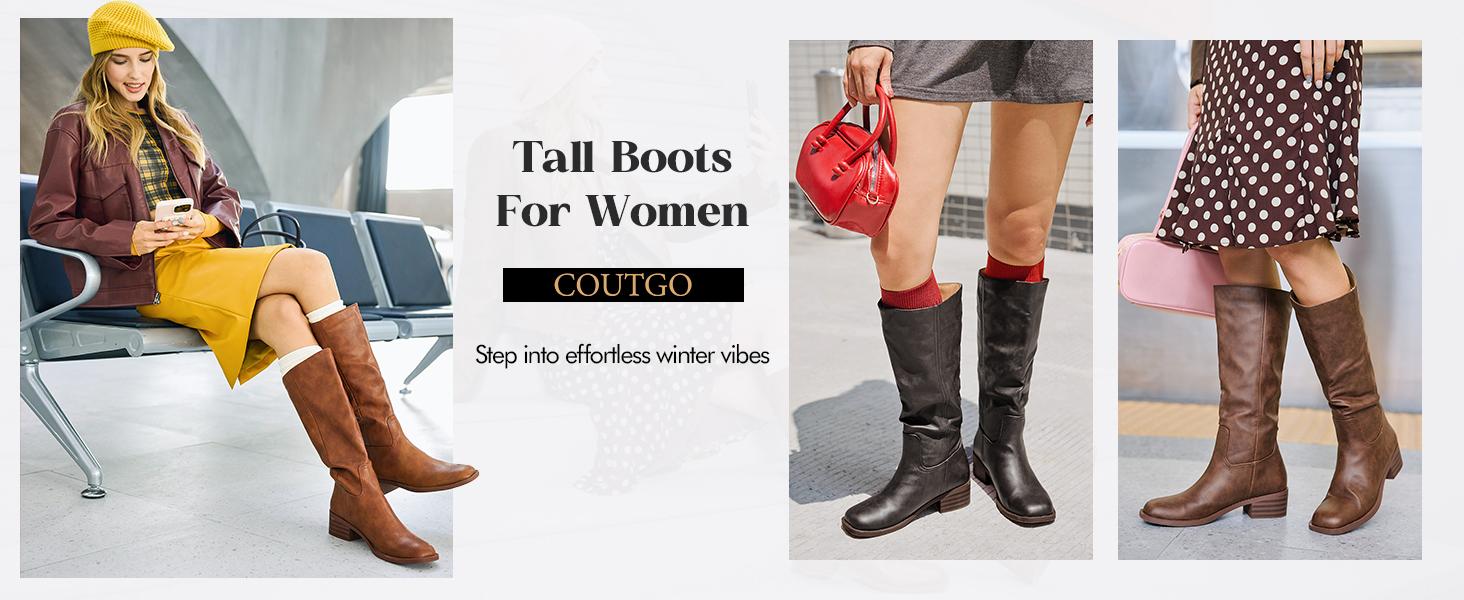 Coutgo Women's Knee High Boots Square Toe Chunky Block Heel Tall Boots Comfortable Low Heel Shoes