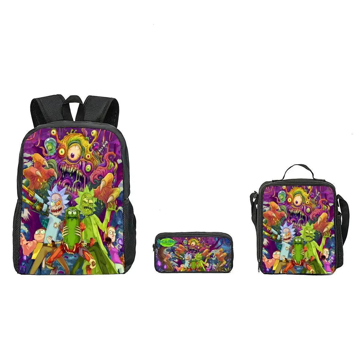 Anime Style Graphic 3-in-1 Backpack Set for Teens, Lightweight Bookbag with Lunch Box & Pencil Case, Features Cushioned Back and Adjustable Straps, Great Gift for Students & Ideal for a Back to School Haul, Rick And Morty Fans, First Day Of School