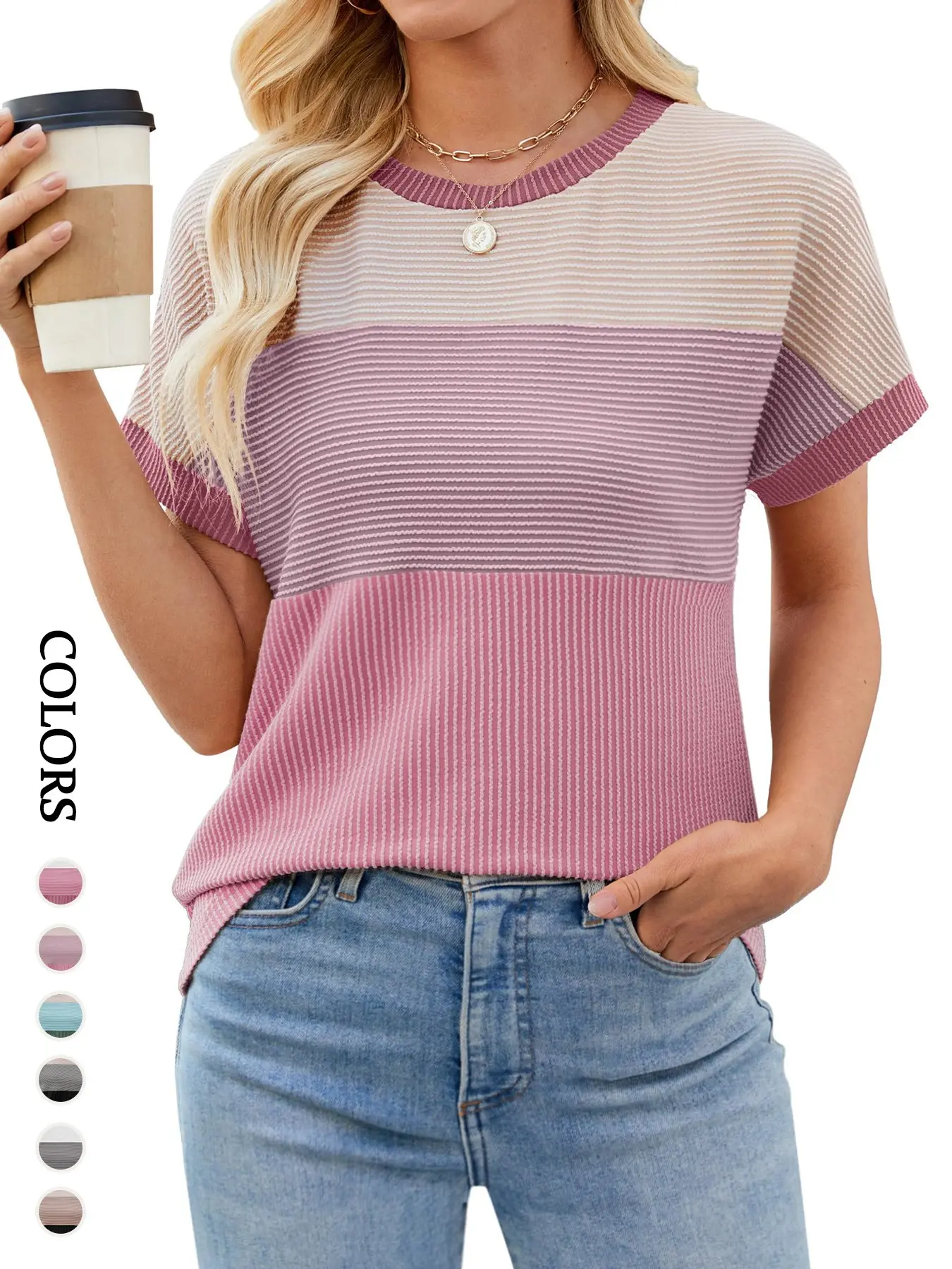 Women's New Casual Style Colorblock Round Neck Short T-Shirt, Fashion Summer Top for Everyday Wear, Casual Summer Chic, Fitted Design, Perfect for Summer
