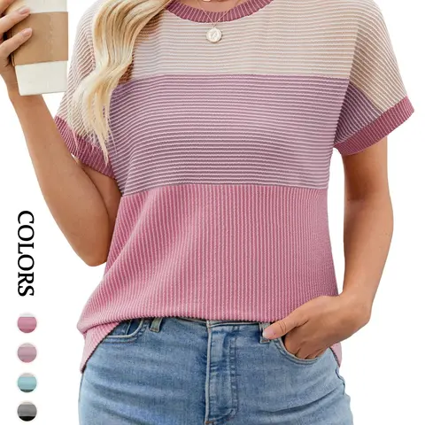 Women's New Colorblock Design Casual Round Neck T-Shirt, Fitted Daily Wear Top Without Zipper or Button, Unlined Comfortable Apparel